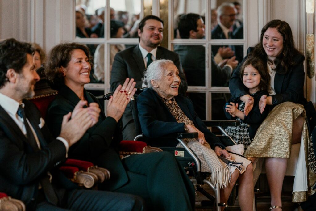 Emotional family moment during a city hall wedding near Paris