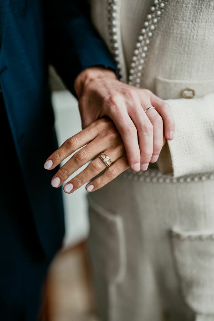 Close-up of wedding rings during an intimate wedding near Paris