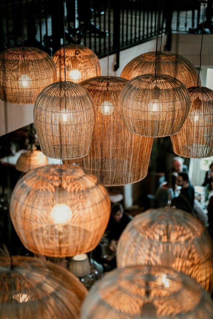 Warm lighting details in an elegant wedding cocktail venue near Paris